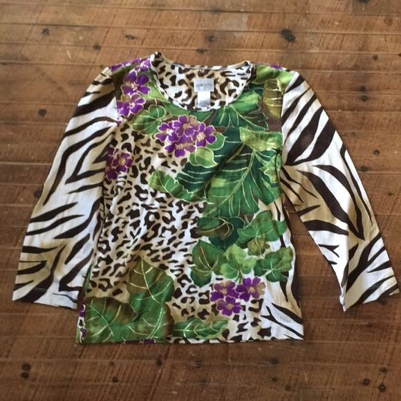 Chico’s Tiger cheetah print floral knit travelcore top - Picture 1 of 3